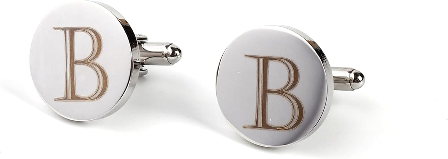 Mens Initial Silver Cufflinks A-Z Alphabet Letter Steel Cuff Links with Engraved Walnut Wood Box Groom Groomsman Wedding Set…