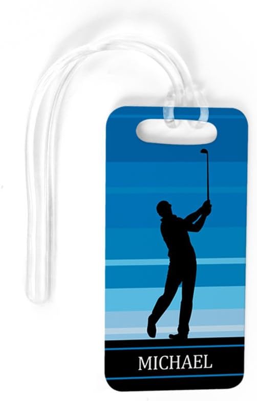 ChalkTalkSPORTS Golf Luggage & Bag Tag | Personalized Male Golfer | Standard Lines on Back | Small | Blue