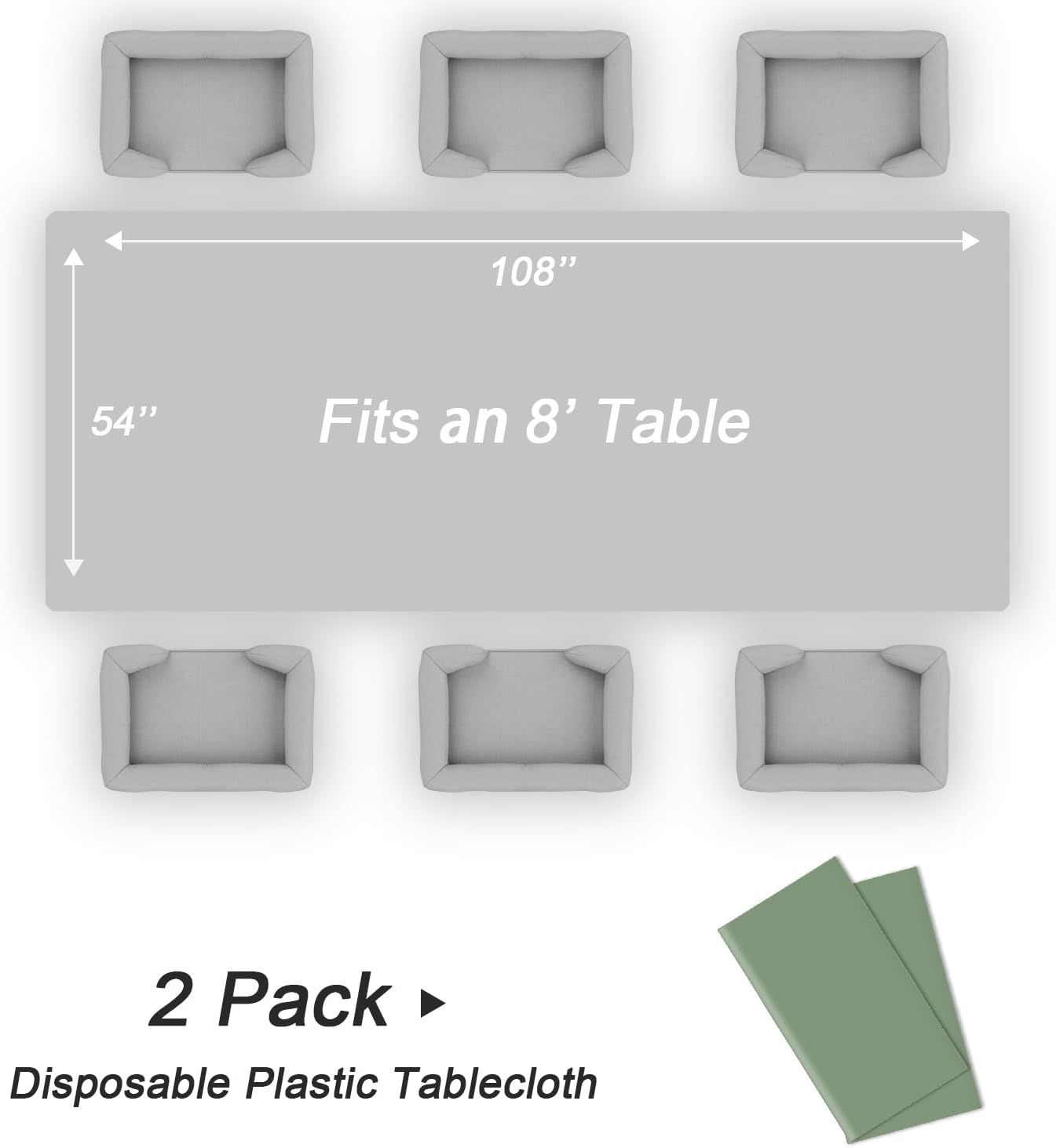 QIKSION Plastic Table Cloth Disposable 2 Pack, 54 x 108 Inch Tablecloths for Rectangle Tables, Sage Green Plastic Table Cover