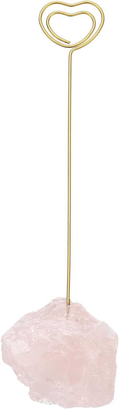 PATIKIL Table Number Holder, 1Pcs Photo Clip Holders Crystal Stone Quartz Desk Card Holder Raw Heart Shape Iron Memo Note Photo Stand for Wedding Party Home Office Decor, Pink