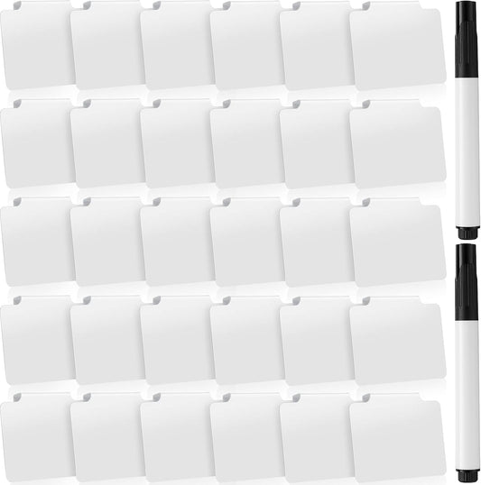 32 Pieces Basket Labels Clip Set, Include 30 Kitchen Clip Label Holder Removable PVC Bin with 2 Chalk Marker for Basket Pantry Organization Box (White Label Clip, Black Pen)