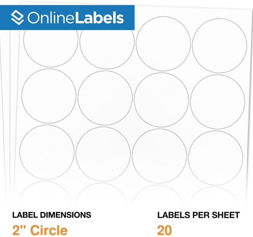 2" Round Labels - Permanent Adhesive, White Matte - Great for Candle and Jar Lids, Products, Favor Labels - Pack of 20,000 Circle Stickers, 1,000 Sheets - Inkjet/Laser Printers, OL5375WX, OnlineLabels