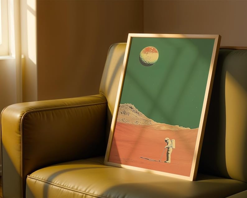 Retro Space Golf Wall Art, Vintage Mars Landscape Sports Print for Bar, Office or Game Room Decor, Astronaut Golfer Poster with Tee Time Theme (Unframed) (20x30)