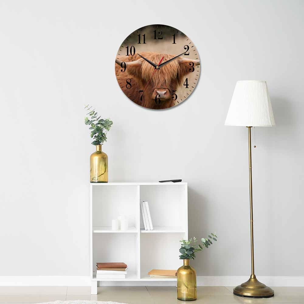 Mxocom Cow Wall Clock Brown Highland Cattle Cow Animal Farming Countryside 10 Inch Silent Non Ticking Battery Operated Clock Vintage Round Clock for Living Room Bedroom Bathroom Office Decor