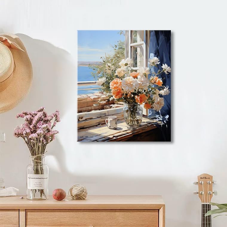 Bathroom Decor Wall Art Beach Flowers Picture Windowsill Ocean Theme Canvas Print Floral Painting Coastal Seascape Seaside Artwork for Bedroom Office Decoration 12"x15"inch