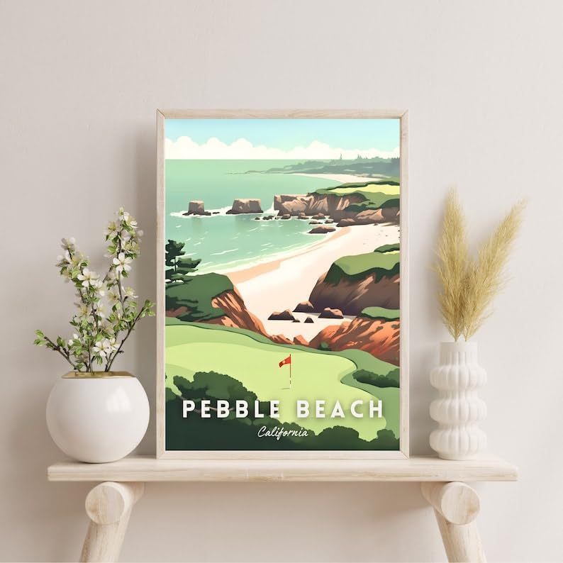 Nationcog Pebble Beach Golf Wall Art Print, Retro Coastal Landscape Poster for Bedroom or Office, Beachside Decor for Men, Great Gift for Dad, California Golf Artwork (Unframed) (16x24)