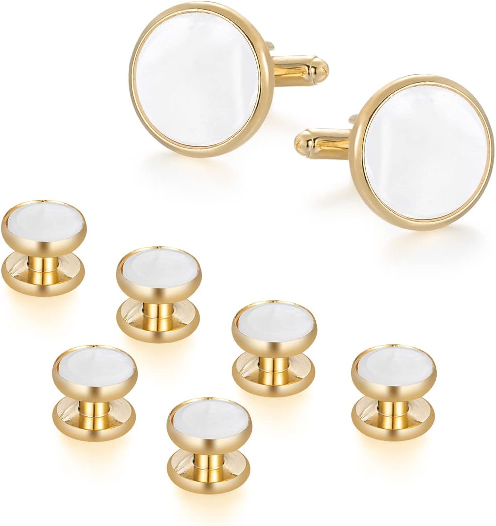 wynameleri Mens Classic Shirts Cufflink Studs, Mother-of-Pearl Tuxedo Shirt Button and Cuff Links Set, Formal Business Wedding Jewelry