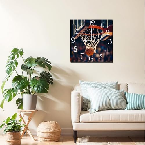 Basketball Square Clock Silent No Tick Battery Powered Home Decor 10inch Wooden Wall Clock for Living Room Kitchen Bathroom Farmhouse