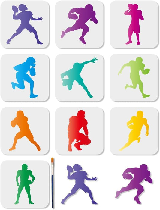 MAYJOYDIY 10 Pcs Rugby Players Stencil Reusable American Football Stencils for Painting 5.9x5.9 Inches Sports Ball Drawing Templates with Paint Brush for Shirt Wood Wall Cards Home Decoration