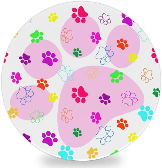 Ceramic Coasters for Drinks with Cork Back, Colorful Paw Prints On Pink 4 Inch Absorbent Coaster Set 1 Pack, Quick Dry Non-Slip Coaster Mats for Home, Office, Bar