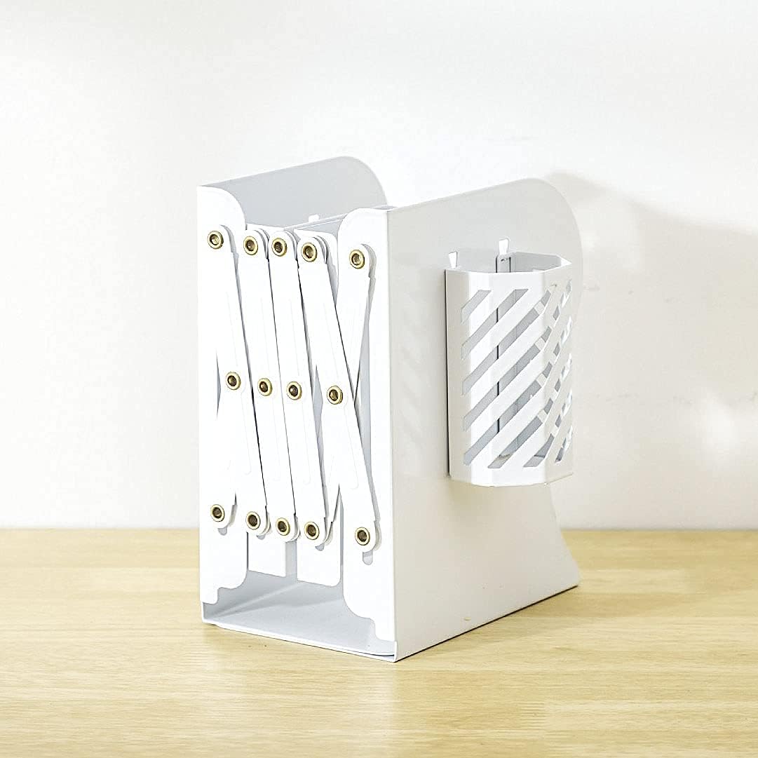 Adjustable Bookends Metal Book Ends for Heavy Book Holder Heavy Duty Bookends Nonskid Bookcase Desktop Book Organizer Binder Holder (White)