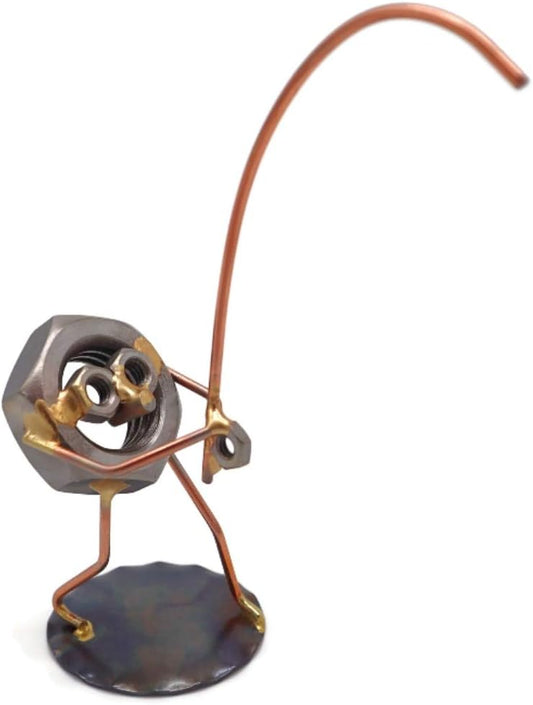 Fishing Nut Collectible Handmade Metal Art Figurine, Desk Accessories, Trophy, Boss Gift, Home Office Décor