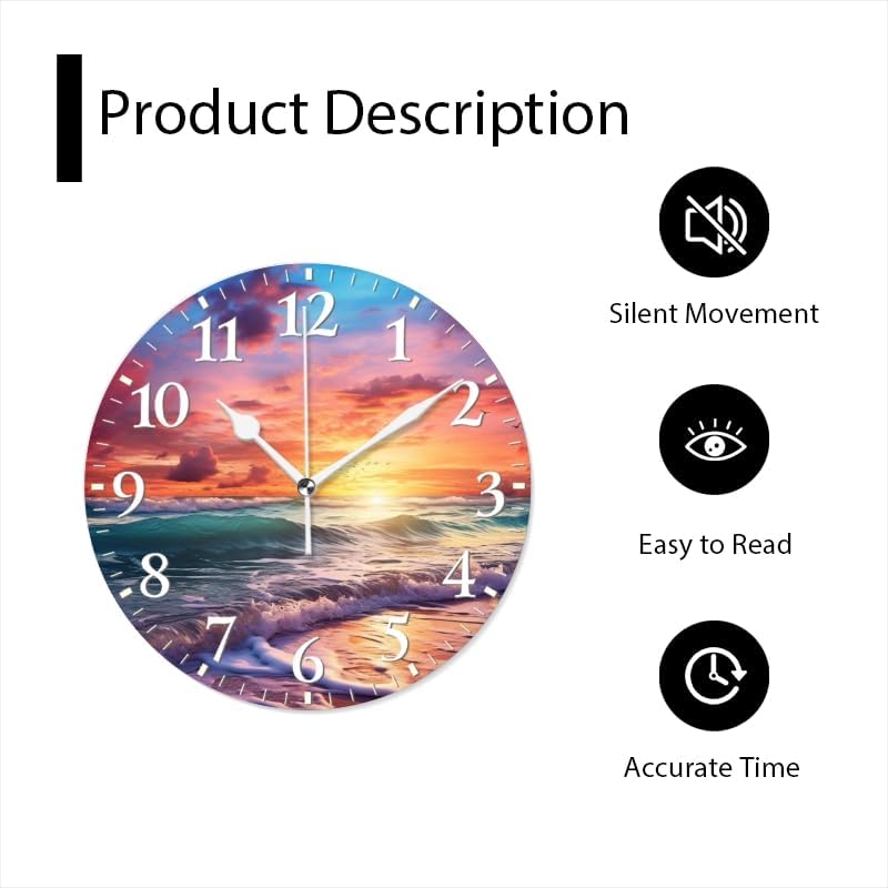 Beach Wall Clock Non-Ticking Silent Clocks Battery Operated Analog Decor Clock for Home-Beautiful Beach Sunset with Colorful Clouds and Waves(14inch)