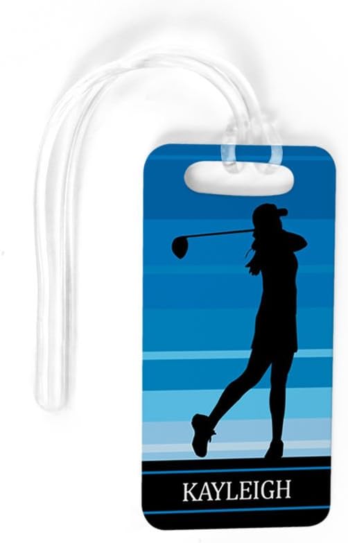 ChalkTalkSPORTS Golf Luggage & Bag Tag | Personalized Female Golfer | Standard Lines on Back | Small | Blue