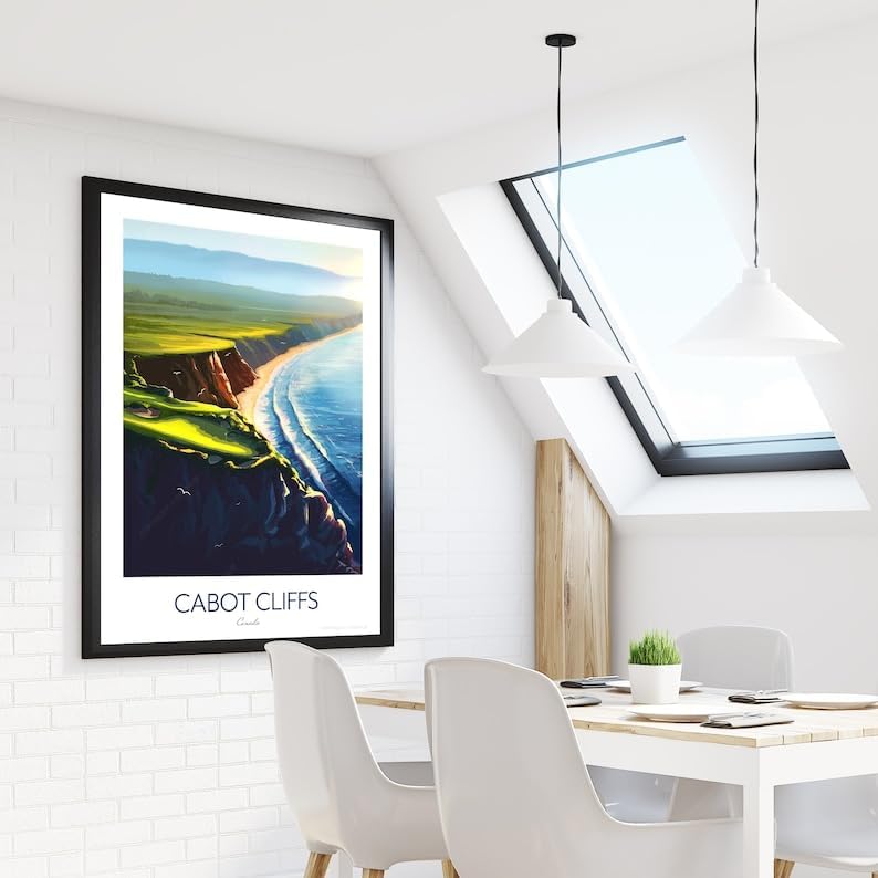 Nationcog Cabot Cliffs Golf Print; 16th Hole - Golf Poster Canada; Coastal Golf Art; Golf Landscape Illustration; Scenic Golf Painting; Luxury Golf Resort Print (Unframed) (12x18)