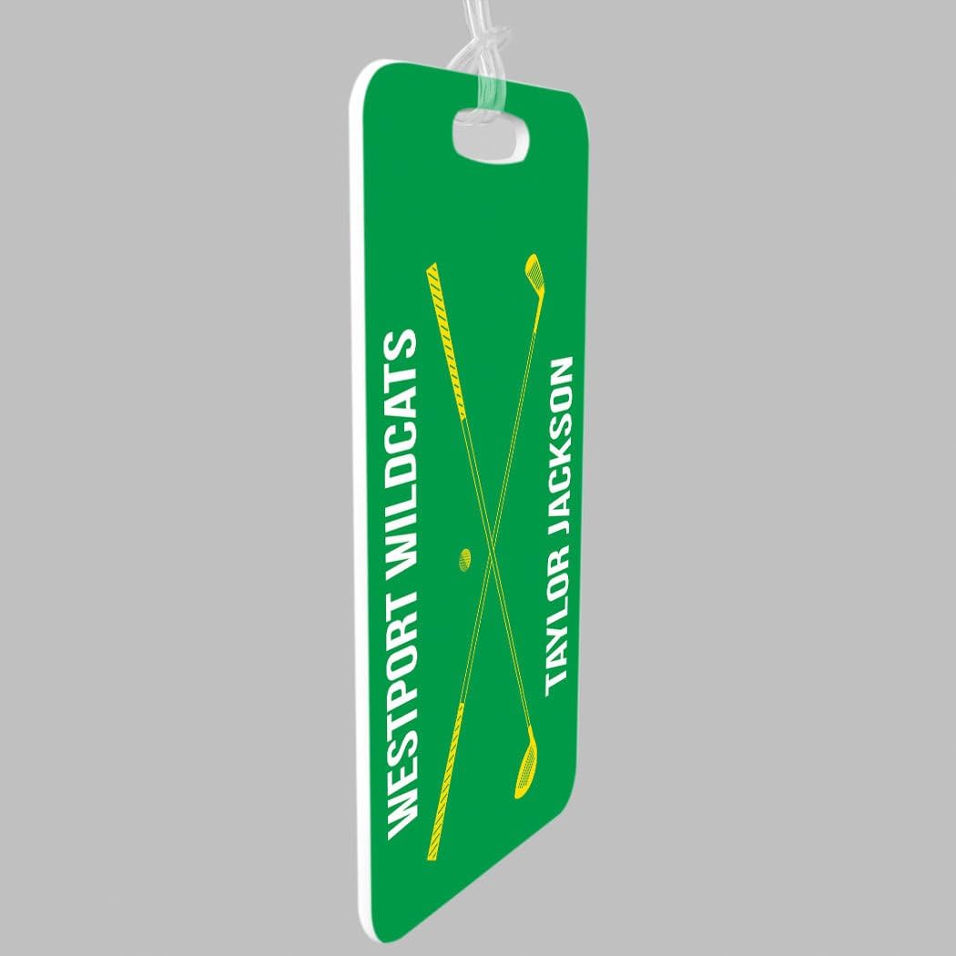 ChalkTalkSPORTS Golf Luggage & Bag Tag | Personalized Crossed Golf Clubs | Standard Lines on Back | Medium | Green/Yellow