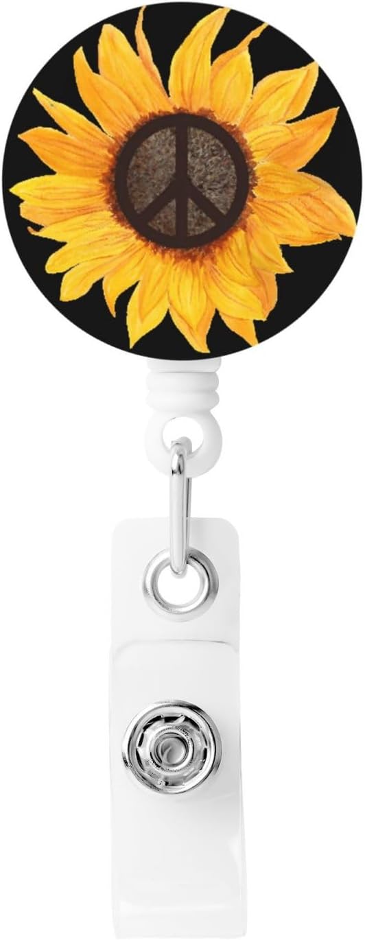 Peace Sign Sunflower Flower Badge Reels Retractable Badge Holder with Clip for Id Name Tag Office Worker Student Teacher Nurse Doctor