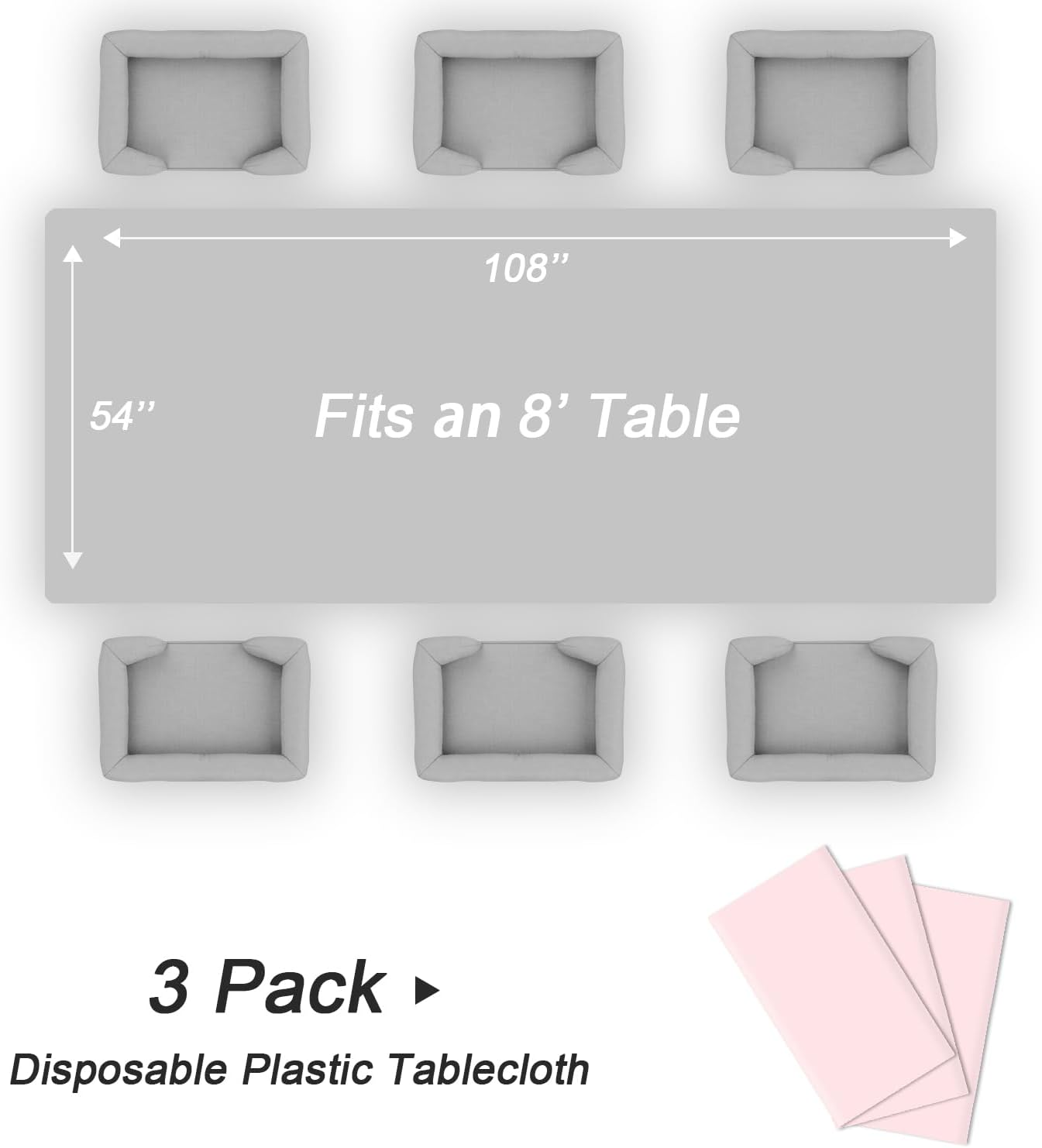 QIKSION Plastic Table Cloth Disposable 3 Pack, 54 x 108 Inch Tablecloths for Rectangle Tables, Pink Plastic Table Cover