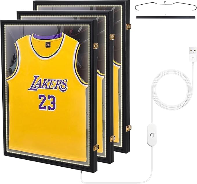 Nice C Jersey Frame Display Case with Lights, Jersey Shadow Box Display Case, Football Jersey Display Case with LED, 98% UV Protection, Valet Pinboard, Acrylic, Basketball (LED 3 Pack)