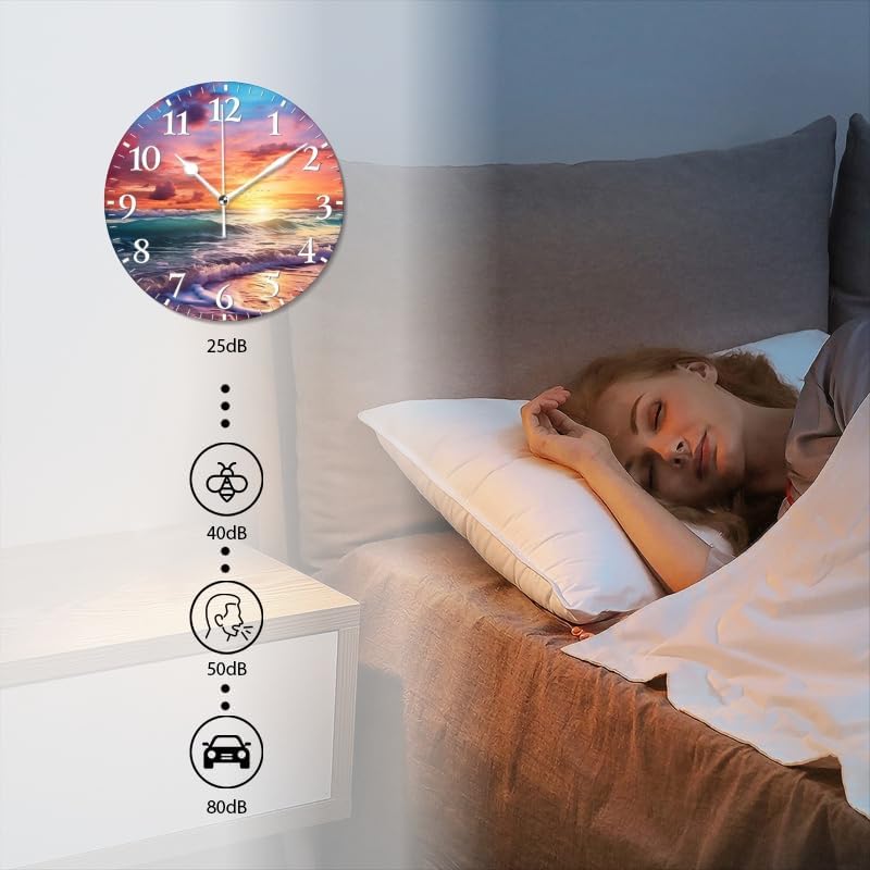 Beach Wall Clock Non-Ticking Silent Clocks Battery Operated Analog Decor Clock for Home-Beautiful Beach Sunset with Colorful Clouds and Waves(14inch)