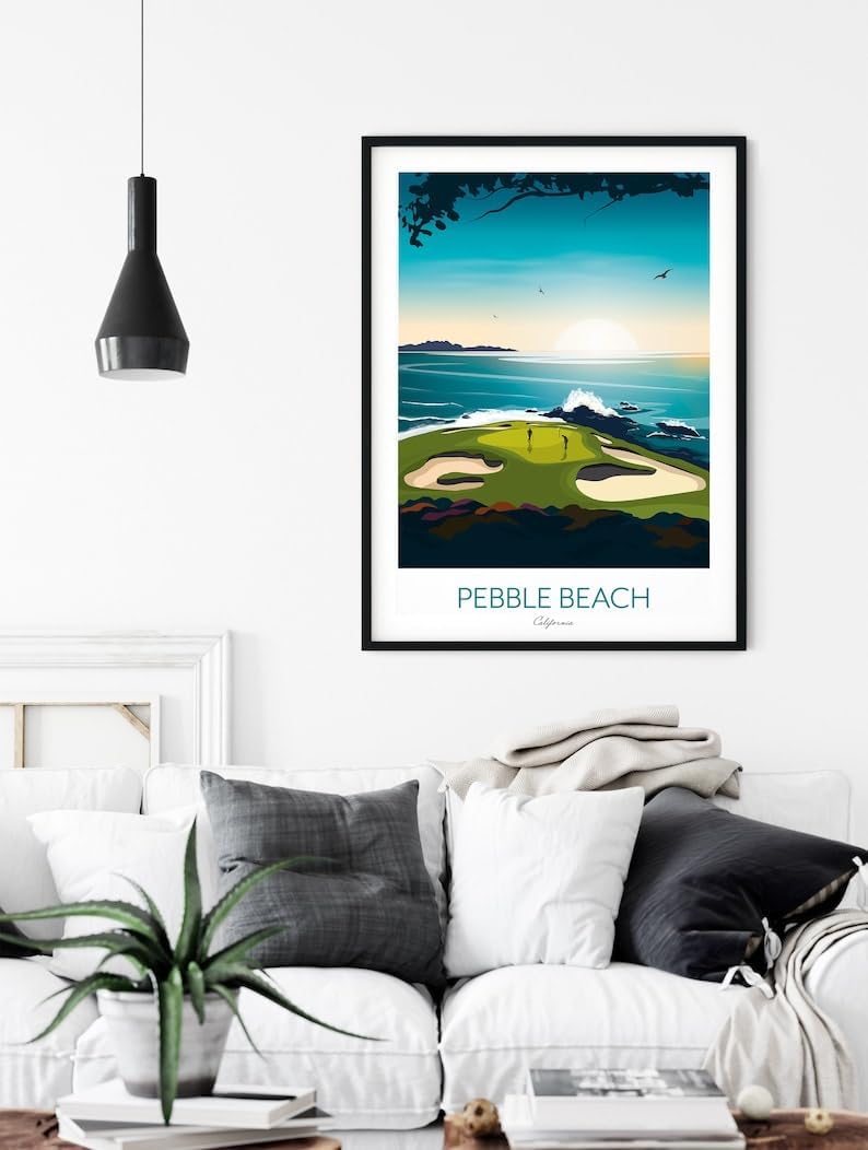 Golf Print - Pebble Beach California - US Open Golf Gift, Pebble Beach Golf Course Poster, California Golf Print, Coastal Golf Art, Golf Landscape Illustration, Sports Wall Decor. (Unframed) (16x24)