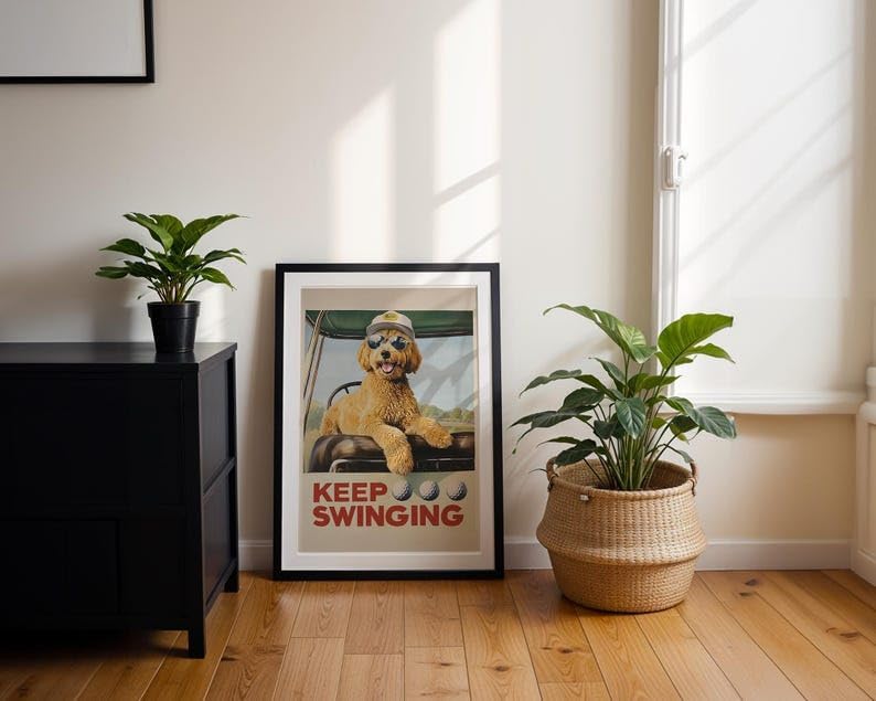 Funny Goldendoodle Golf Wall Art, Vintage Retro Dog Sports Print for Bar, Office or Home Decor, Keep Swinging Inspirational Golfer Artwork (Unframed) (27x40)