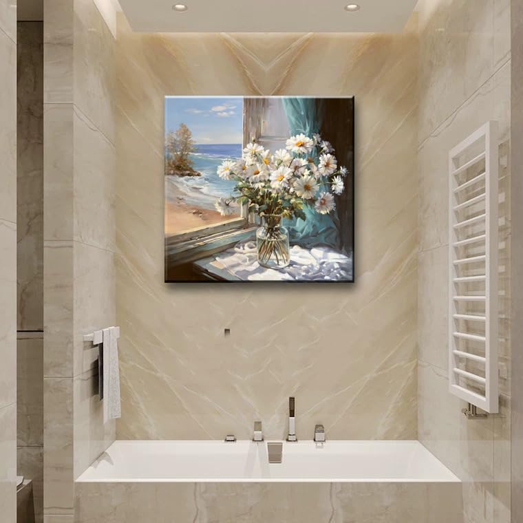 Bathroom Wall Decor White Flowers Canvas Wall Art Print Blue Beach Picture Ocean Modern Poster Coastal Seascape Painting Floral Daisy Artwork for Office Bedroom 14"x14"