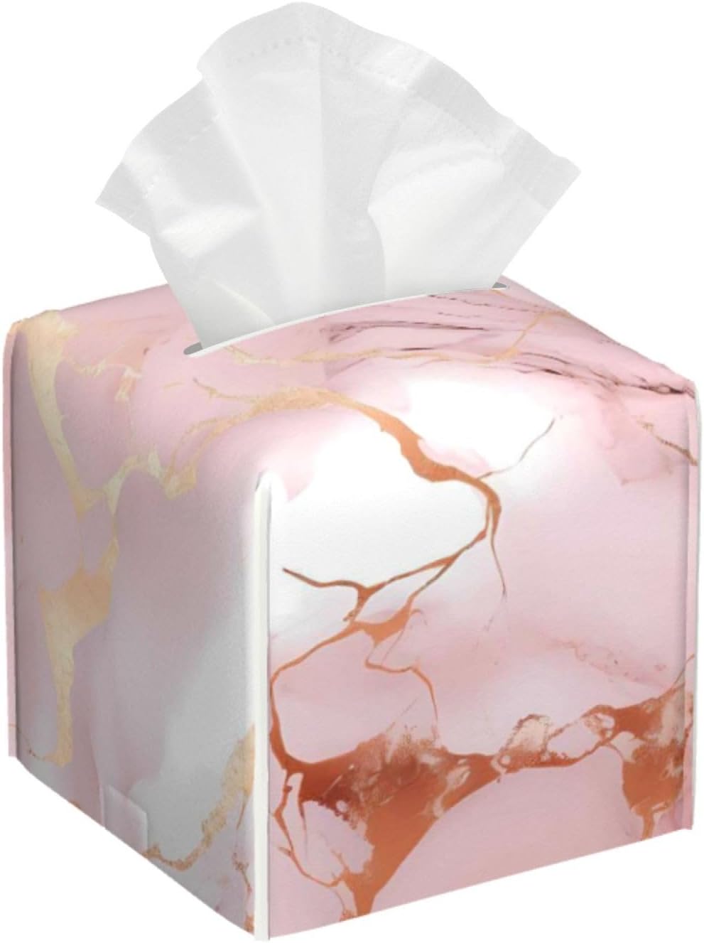 Tissue Box Cover Pink Rose Gold Marble Print Square PU Leather Tissue Box Holder for Car Bathroom Bedroom Desk Tabletop Decor