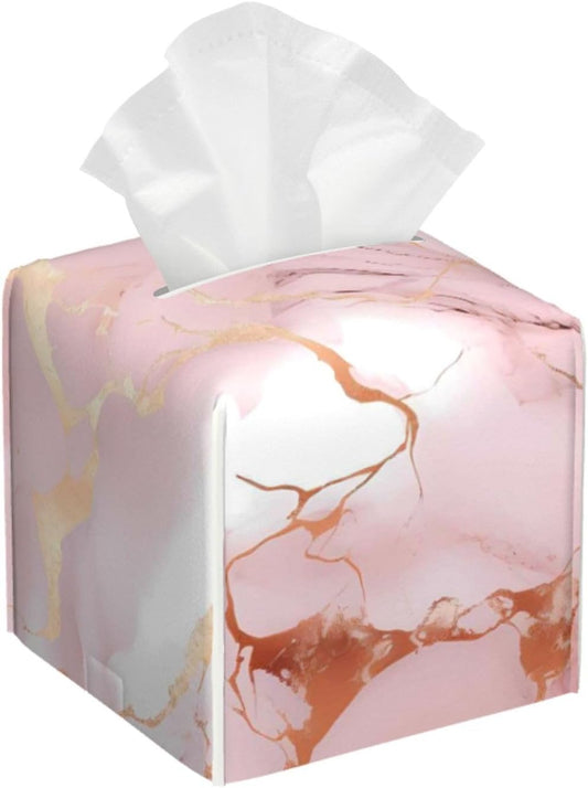 Tissue Box Cover Pink Rose Gold Marble Print Square PU Leather Tissue Box Holder for Car Bathroom Bedroom Desk Tabletop Decor