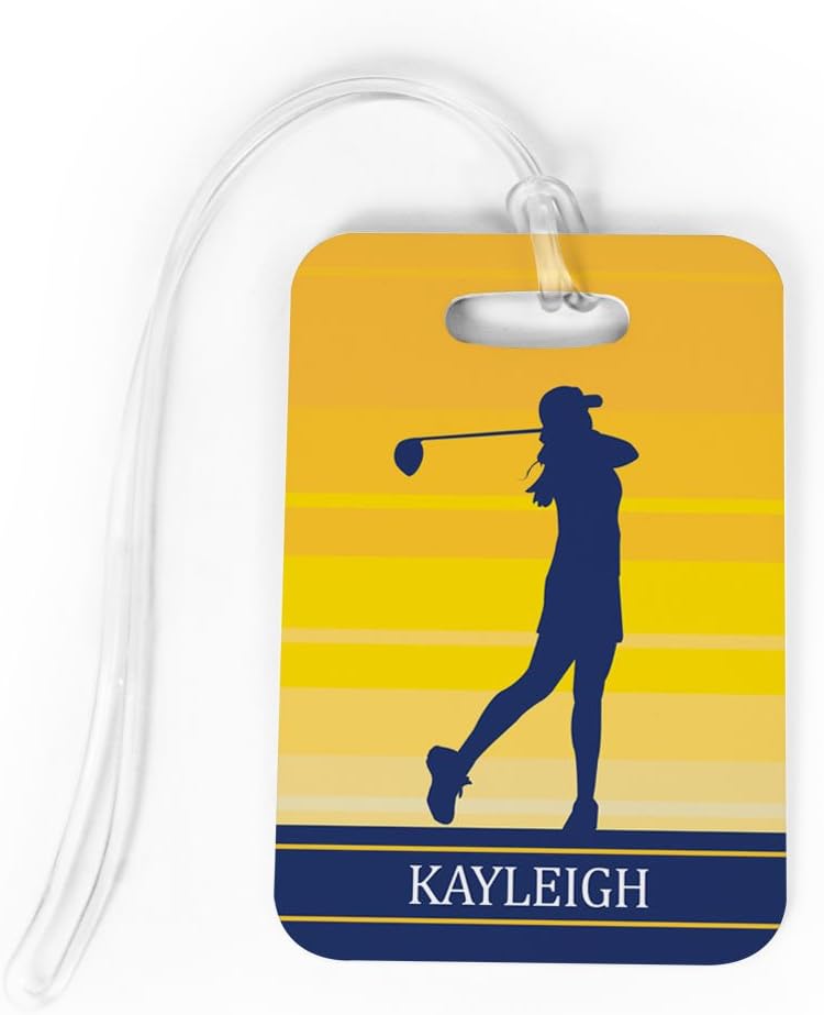 ChalkTalkSPORTS Golf Luggage & Bag Tag | Personalized Female Golfer | Standard Lines on Back | Medium | Yellow