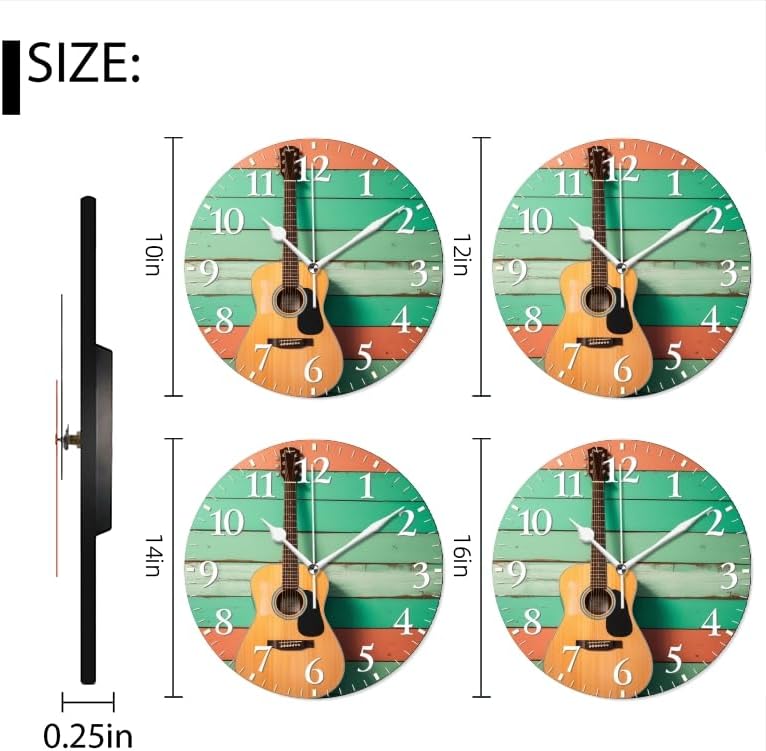 Guitar Wall Clock Non-Ticking Silent Clocks Battery Operated Analog Decor Clock for Home-Acoustic Guitar Leaning Against Wooden Wall(10inch)