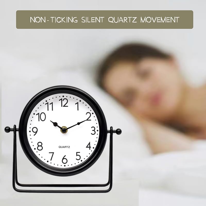 Vintage Black Table Clock on Stand, Decorative Desk and Shelf Clock Decorative Battery Operated Table Top Decor for Living Room，Silent Non-Ticking