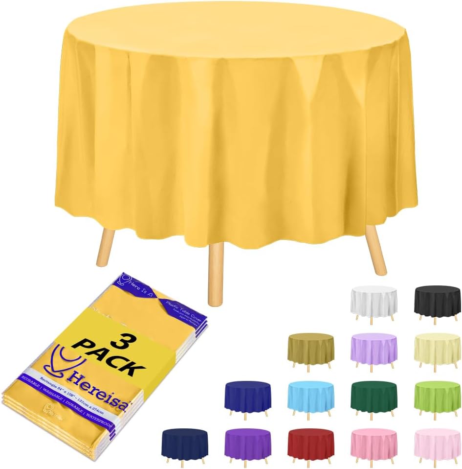 Brand Round Yellow Plastic 84" Disposable Tablecloth (3 Pack), Party & Event Decorative Cover