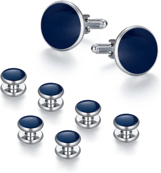 wynameleri Mens Cufflinks and Studs Set Blanks Round 4 Colors Shirt Tuxedo Buttons Packed in Cufflink Box for Business Wedding Jewelry
