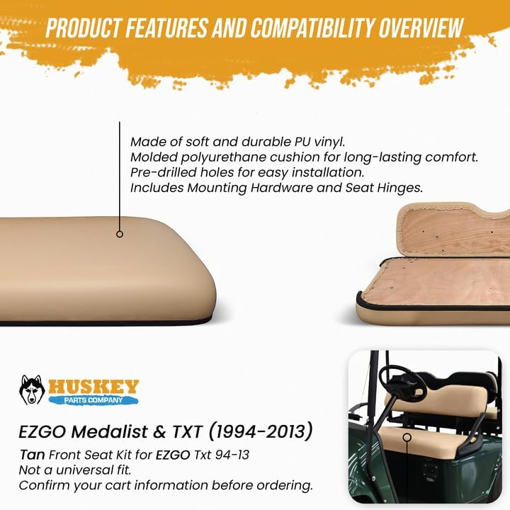 Huskey Parts Company Golf Cart Seat Cushion Set for Front Seat Lean Back & Bottom, Tan Color for EZGO Medalist, TXT 1994 to 2013, Golf Cart Front Seat Replacement with Mounting Hardware & Hinges