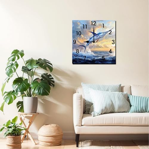 Football Square Clock Silent No Tick Battery Powered Home Decor Wooden Wall Clock for Living Room Kitchen Bathroom Farmhouse 10inch