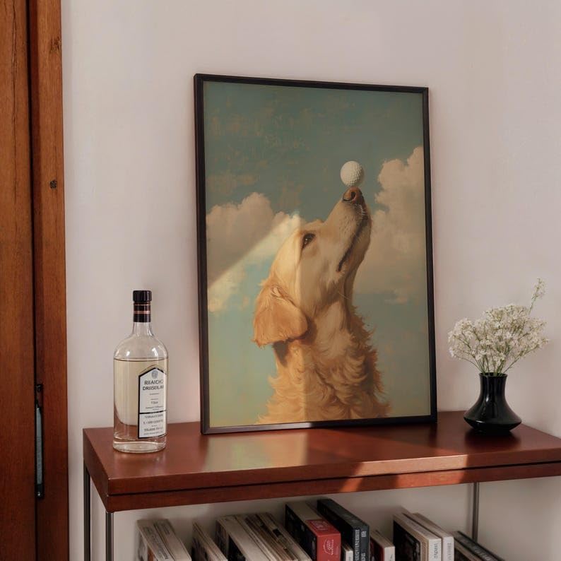 Nationcog Elegant Golden Retriever Golf Wall Art, Retro Dog Sports Oil Painting Print for Bar, Office or Home Decor, Playful Golfer Artwork for Dog Lovers (Unframed) (27x40)