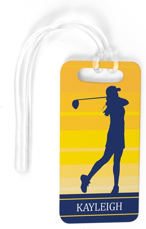 ChalkTalkSPORTS Golf Luggage & Bag Tag | Personalized Female Golfer | Standard Lines on Back | Small | Yellow