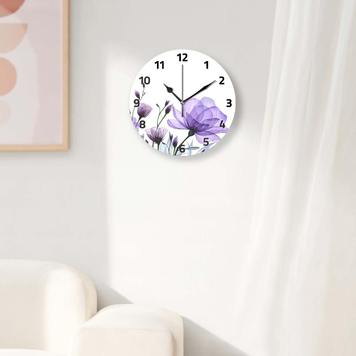 Battery Operated Wall Clocks 12 Inch,Purple Flowers,Silent Home Decor for Bathroom,Living Room,Bedroom