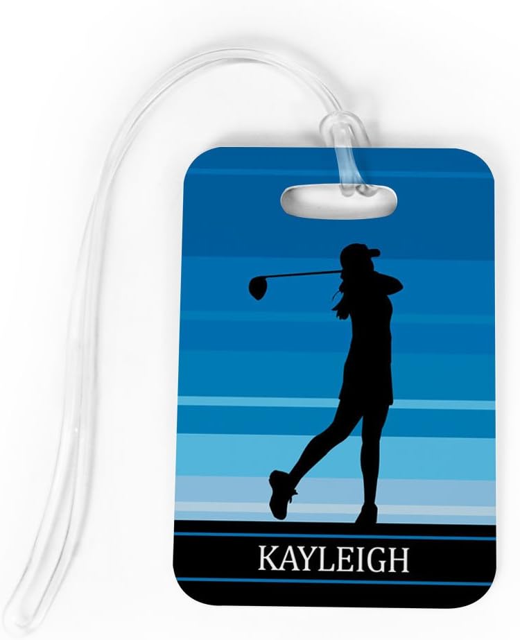 ChalkTalkSPORTS Golf Luggage & Bag Tag | Personalized Female Golfer | Standard Lines on Back | Medium | Blue