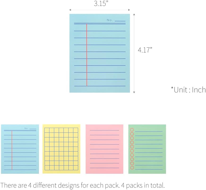 Monolike Memopad Boldline Color design SET - 4 Packs, 4 Different Designs, 100 Sheets Per Pad, Total 400 Sheets, Note pads, Writing pads, 3.15 x 4.17 Inches