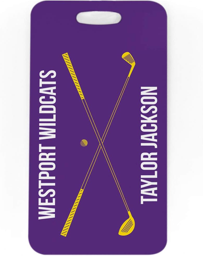 ChalkTalkSPORTS Golf Luggage & Bag Tag | Personalized Crossed Golf Clubs | Standard Lines on Back | Large | Purple/Yellow