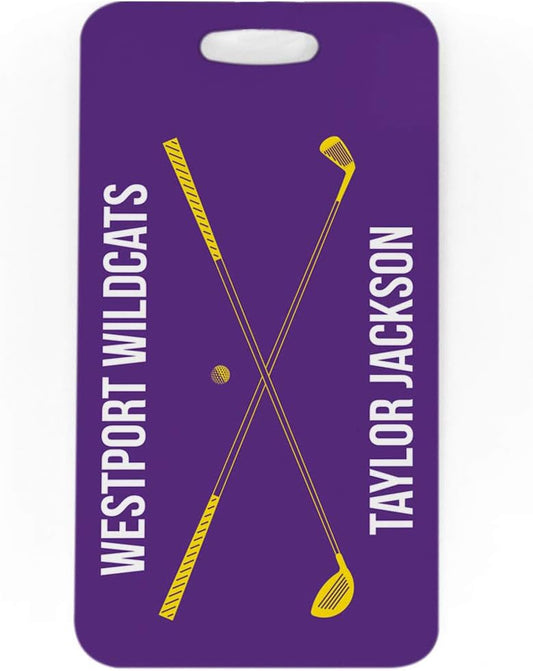 ChalkTalkSPORTS Golf Luggage & Bag Tag | Personalized Crossed Golf Clubs | Standard Lines on Back | Large | Purple/Yellow