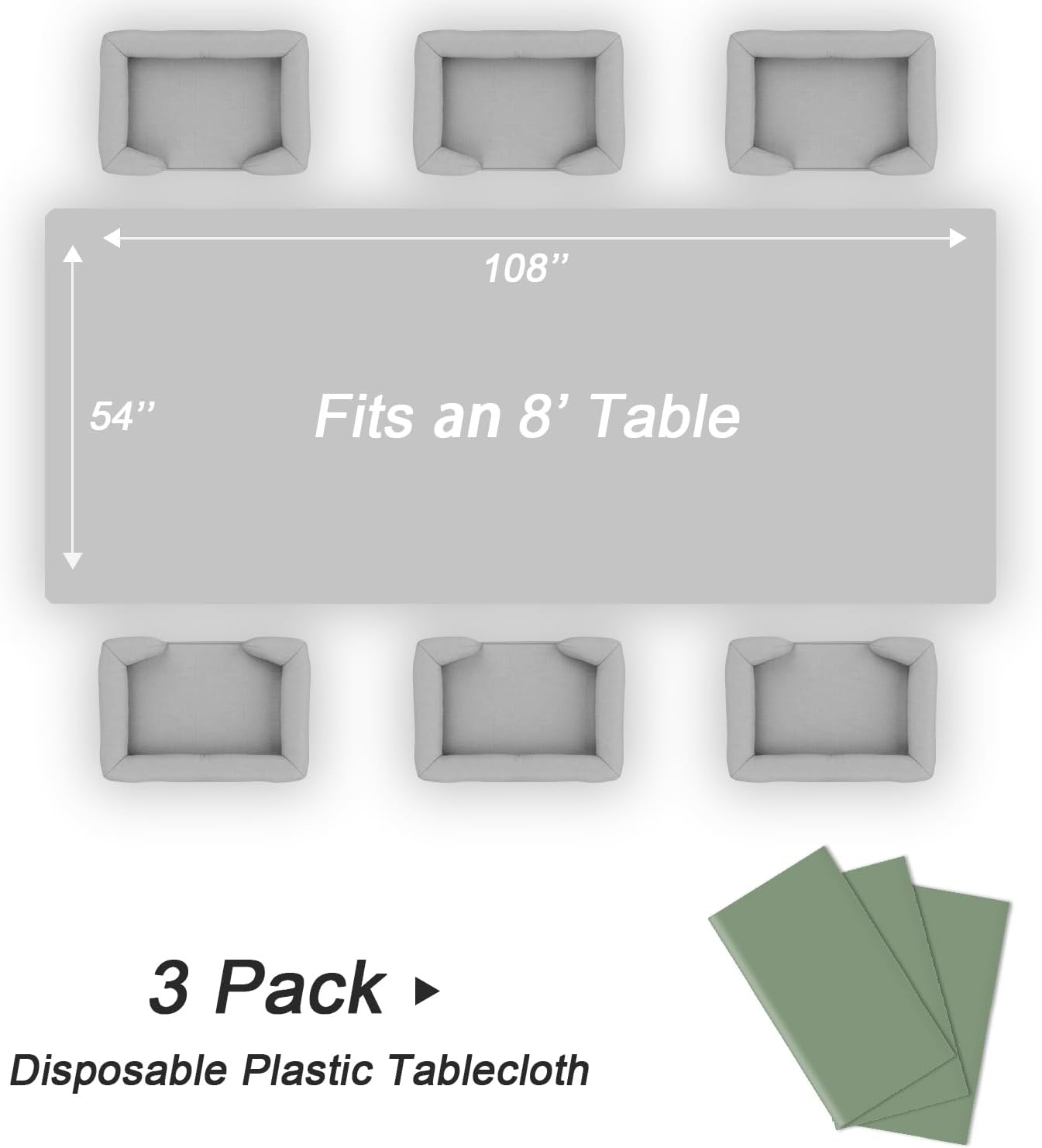QIKSION 3 Pack Sage Green Plastic Tablecloths, Rectangular, 54 x 108 Inch, Fits 6 to 8 Foot Tables, Disposable, Perfect for Birthday, Bridal, Baby Shower Parties