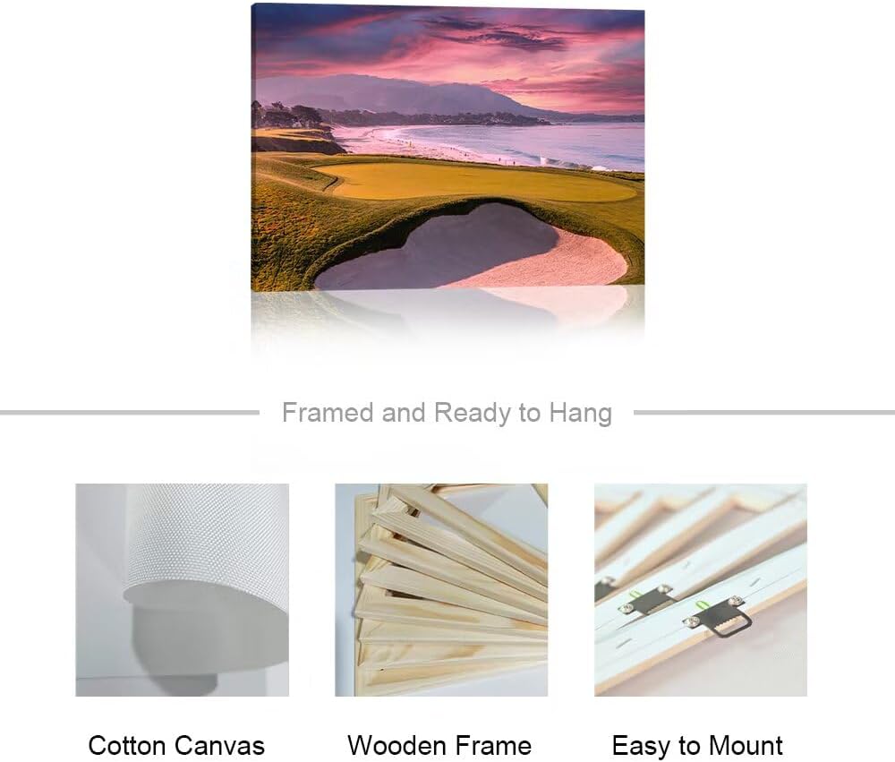 HJY Art Pebble Beach Golf Course Wall Art USA California Golf Course Wall Decor Sunset Landscape Painting Poster for Home Decor Living Room Bedroom Office Club Gym Framed Artwork (28 x 44 inch)