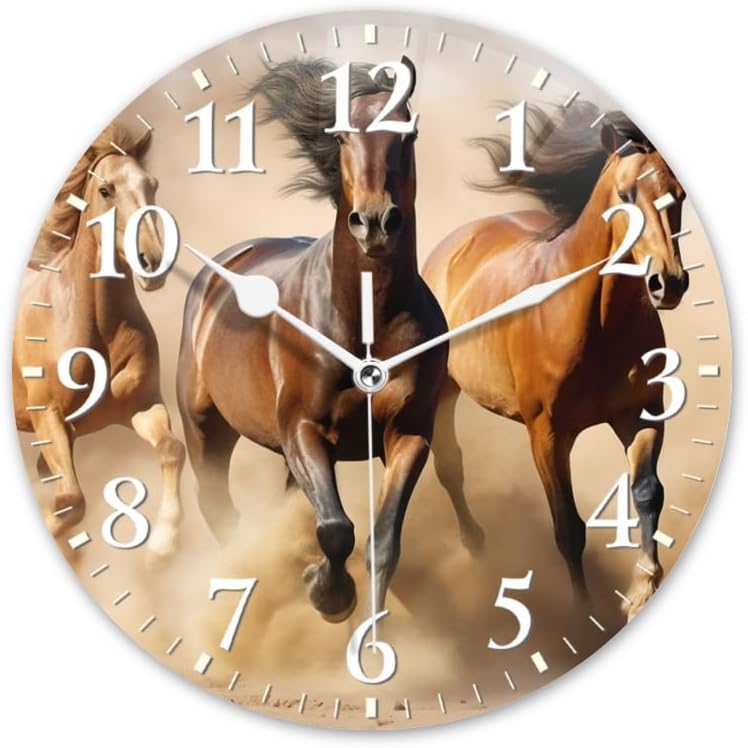 Horses Wall Clock Non-Ticking Silent Clocks Battery Operated Analog Decor Clock for Home-Horses Running Through The Desert Dust Flying(14inch)