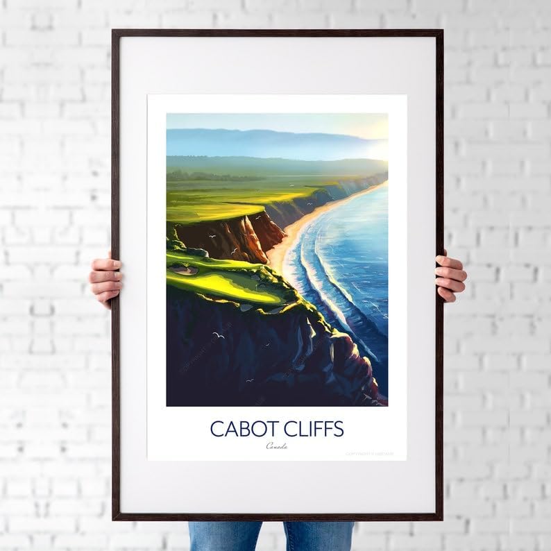 Nationcog Cabot Cliffs Golf Print; 16th Hole - Golf Poster Canada; Coastal Golf Art; Golf Landscape Illustration; Scenic Golf Painting; Luxury Golf Resort Print (Unframed) (27x40)