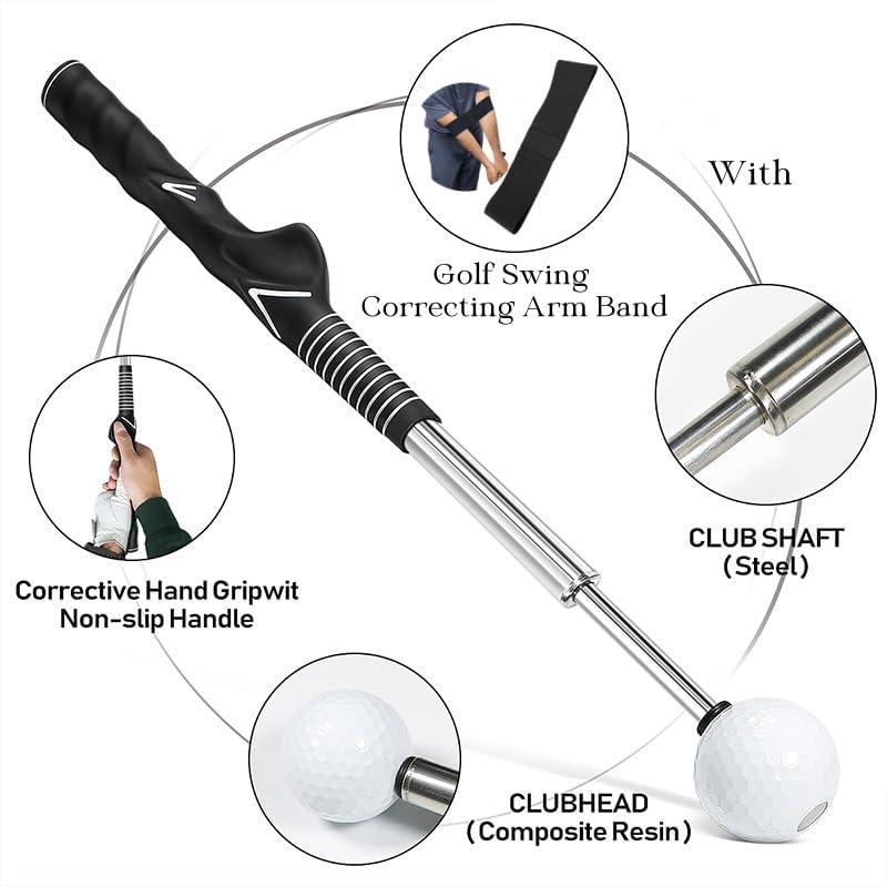 IEKEODI Retractable Golf Swing Trainer, Golf Grip Trainer and Right-Handed Golf Training Aid for Chipping Hitting, Ideal Golf Swing Training Aid with Arm Band for Indoor & Outdoor Use(Black)