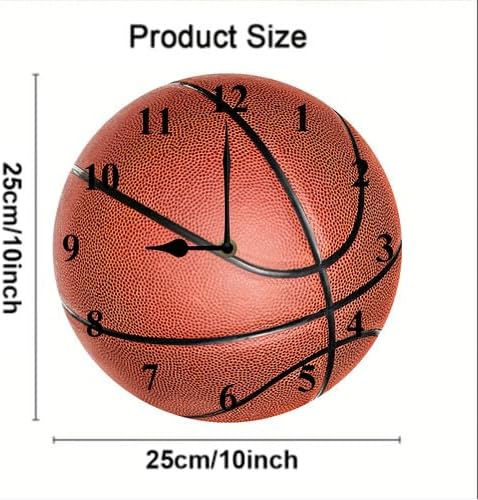 Silent No Tick Sports Theme Wall Clock Wooden Round Basketball Pattern Wall Clock Battery Powered Suitable for Home Decoration Boys Room Living Room School Birthday Gift 10inch