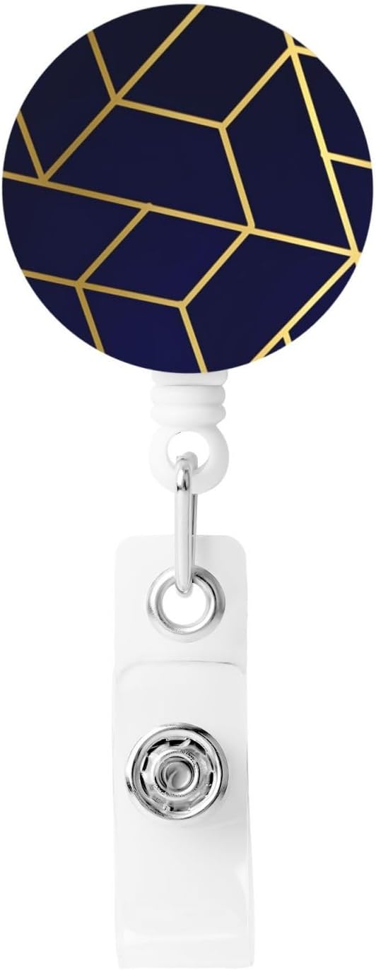 Geometric Navy Blue Gold Badge Reels Retractable Badge Holder with Clip for Id Name Tag Office Worker Student Teacher Nurse Doctor